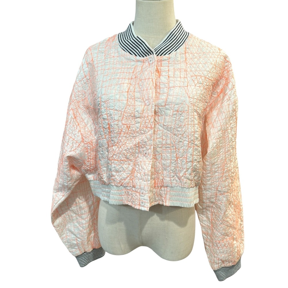 WITHOUT WALLS Cropped Quilted Bomber Jacket Orange Line Art Stripe Collar Cuff L